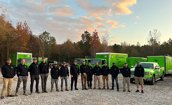 Carolina Turf Lawn and Landscape lawn care professionals standing with company trucks at evening.