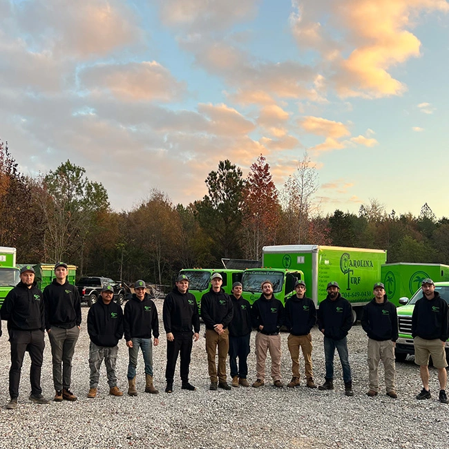 The Carolina Turf Lawn and Landscape team with their uniforms on, company trucks behind them, and the setting sun to the right.