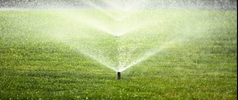 A sprinkler irrigation system in Matthews, NC, covering a large lawn.