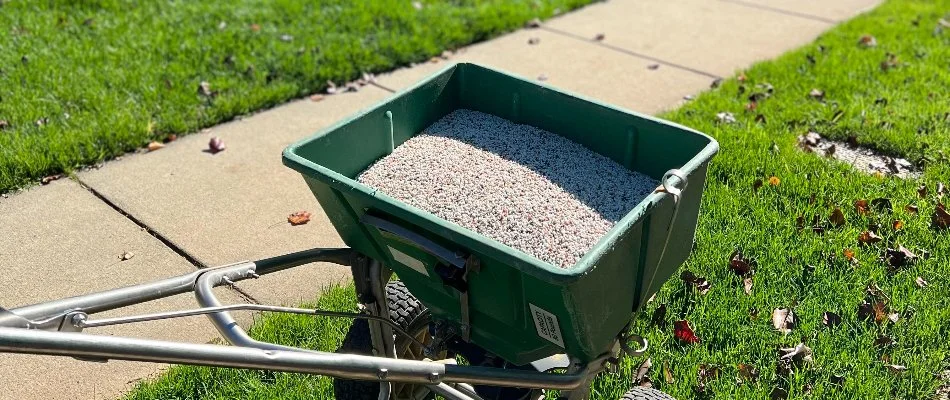 Lawn fertilizer in spreader bin about to be applied to a residential lawn in Indian Land, SC.